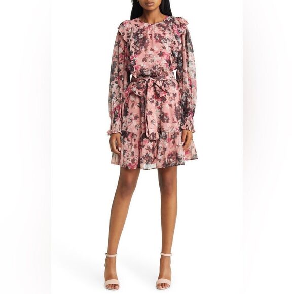 Rachel Parcell Pink Floral Print Ruffle Chiffon Blouson Dress size 8 NWT $228 - Picture 2 of 4
